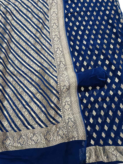 Blue Banarasi Pure Georgette Three Piece Unstitched Suit Set - Luxurion World