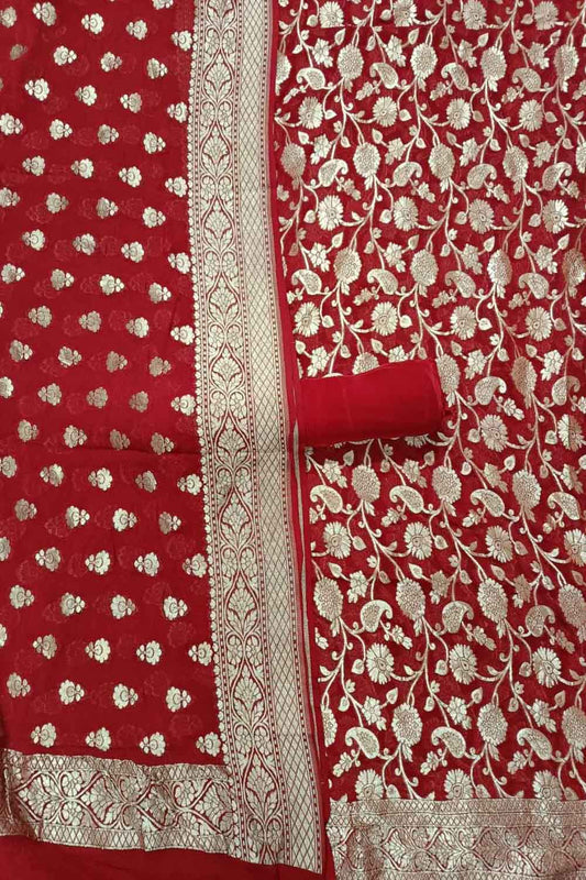 Red Banarasi Pure Georgette Three Piece Unstitched Suit Set - Luxurion World