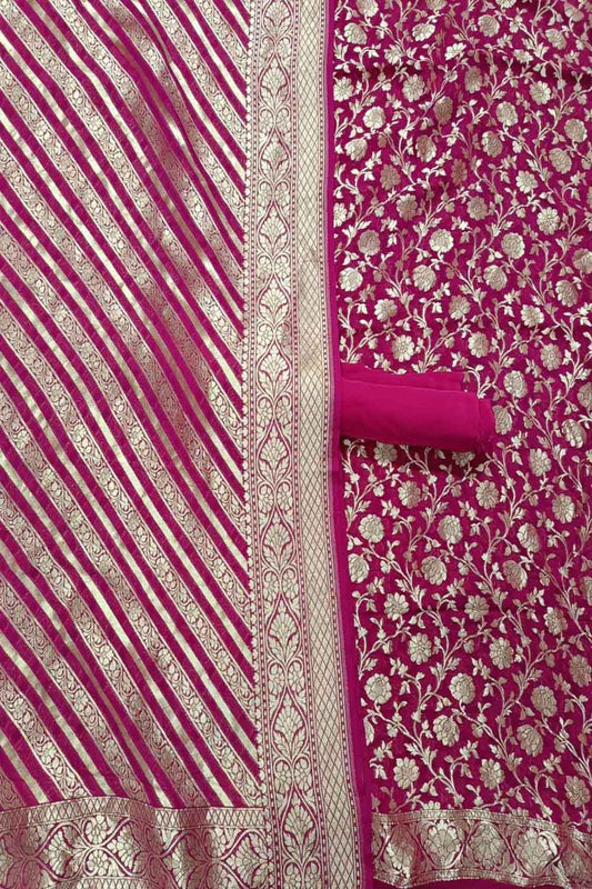 Pink Banarasi Pure Georgette Three Piece Unstitched Suit Set - Luxurion World