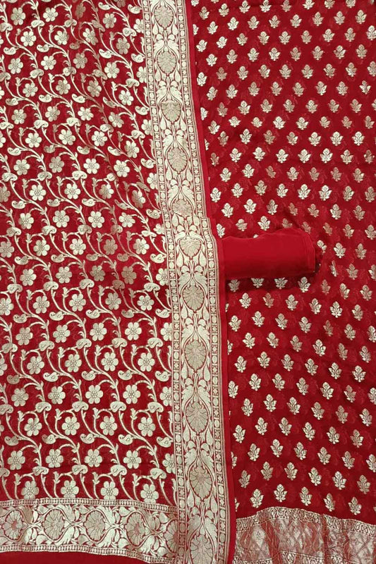 Red Banarasi Pure Georgette Three Piece Unstitched Suit Set
