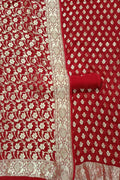 Red Banarasi Pure Georgette Three Piece Unstitched Suit Set - Luxurion World