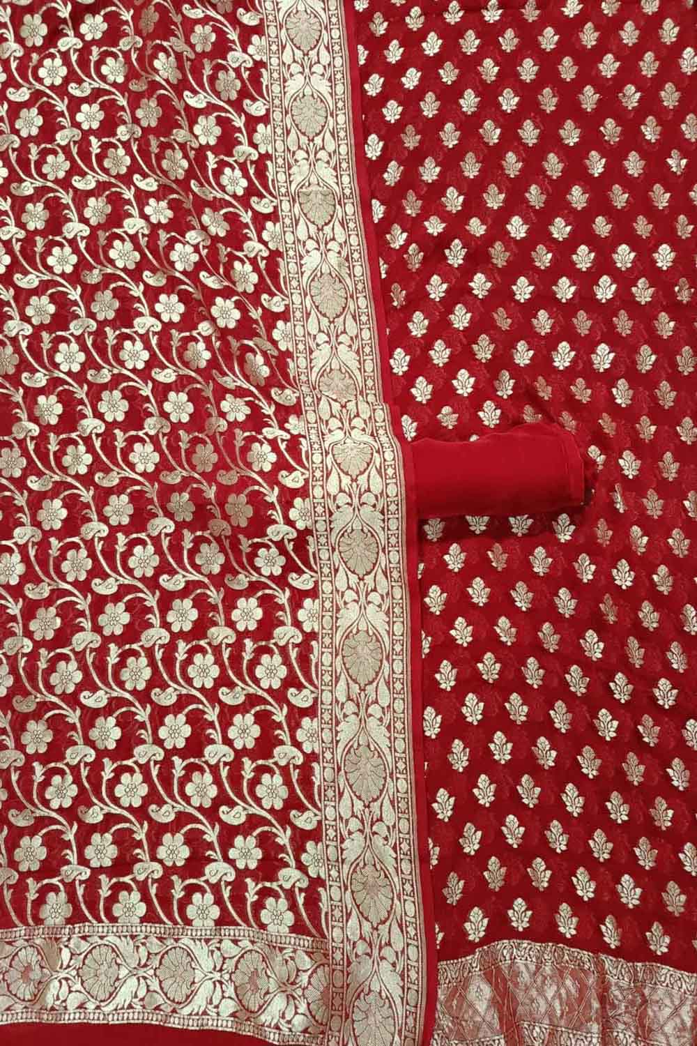 Red Banarasi Pure Georgette Three Piece Unstitched Suit Set - Luxurion World