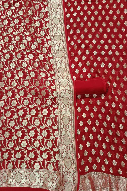 Red Banarasi Pure Georgette Three Piece Unstitched Suit Set - Luxurion World