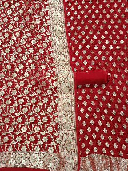 Red Banarasi Pure Georgette Three Piece Unstitched Suit Set - Luxurion World