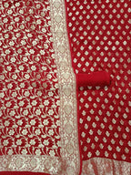 Red Banarasi Pure Georgette Three Piece Unstitched Suit Set - Luxurion World