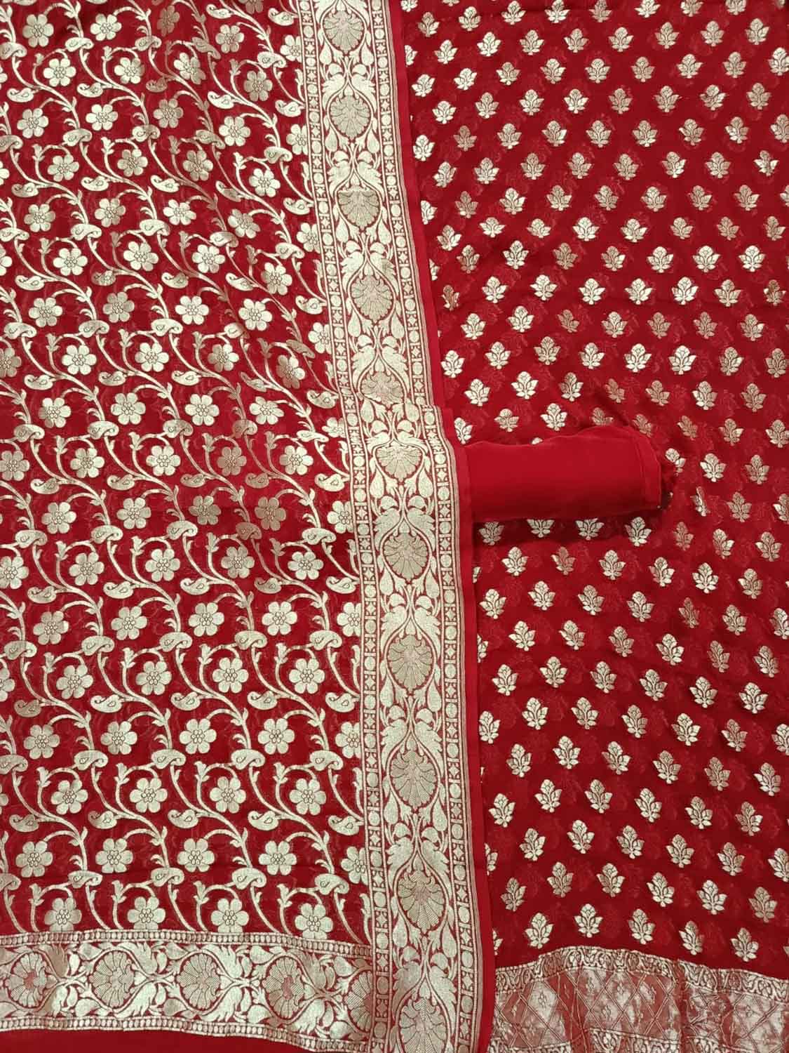 Red Banarasi Pure Georgette Three Piece Unstitched Suit Set - Luxurion World