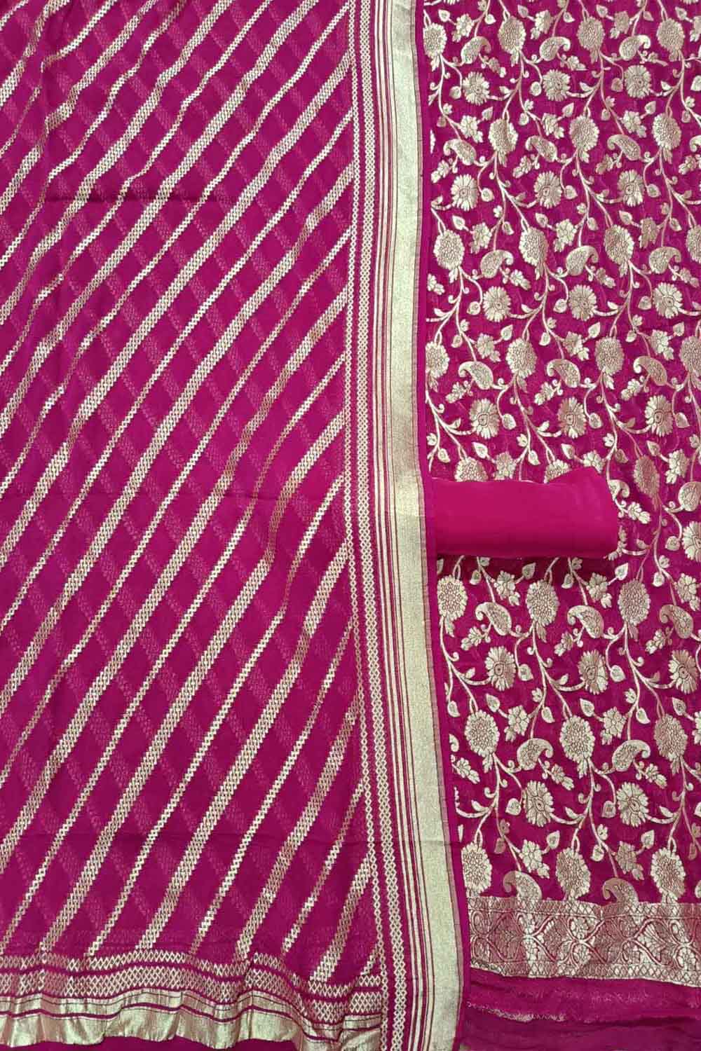 Pink Banarasi Pure Georgette Three Piece Unstitched Suit Set - Luxurion World