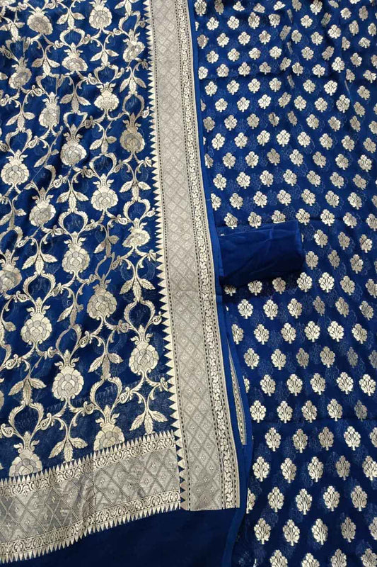 Blue Banarasi Pure Georgette Three Piece Unstitched Suit Set