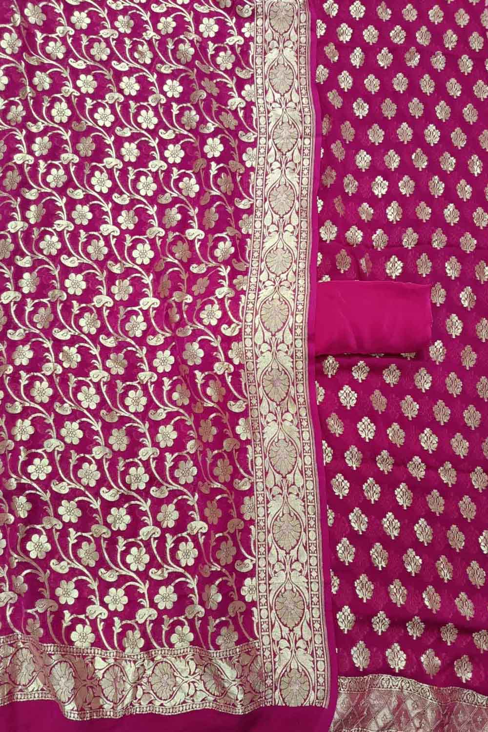 Pink Banarasi Pure Georgette Three Piece Unstitched Suit Set - Luxurion World