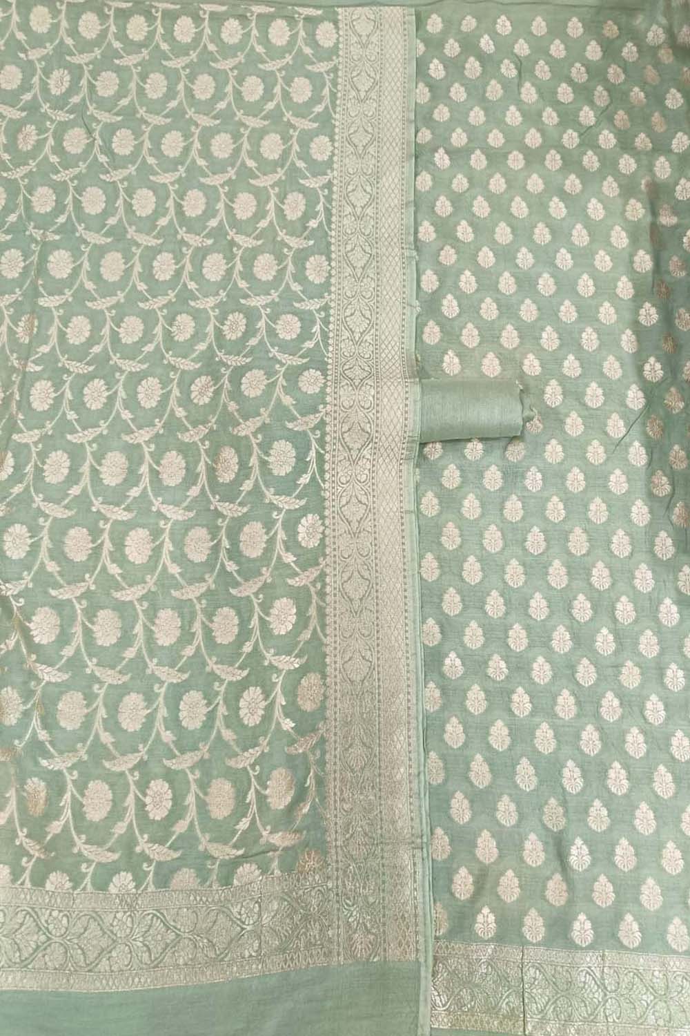 Elegant Green Banarasi Moonga Silk 3-Piece Unstitched Suit - Luxurion World