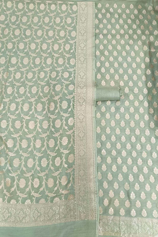 Elegant Green Banarasi Moonga Silk 3-Piece Unstitched Suit - Luxurion World