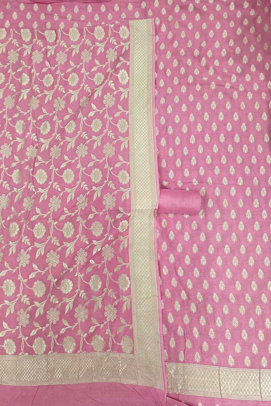 Elegant Pink Banarasi Pure Moonga Silk Three Piece Unstitched Suit Set