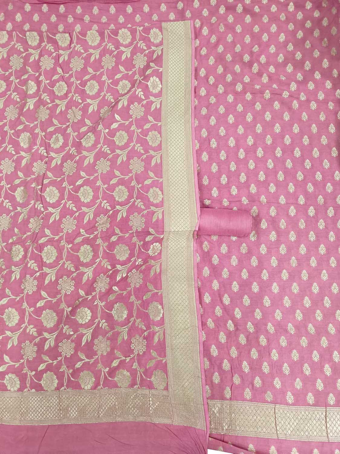 Elegant Pink Banarasi Pure Moonga Silk Three Piece Unstitched Suit Set - Luxurion World