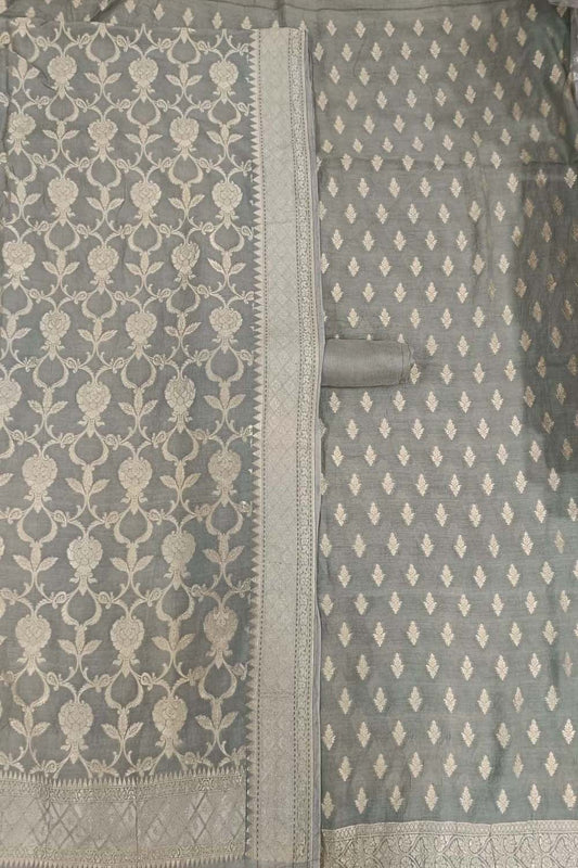 Elegant Grey Banarasi Moonga Silk Three Piece Suit Set - Luxurion World