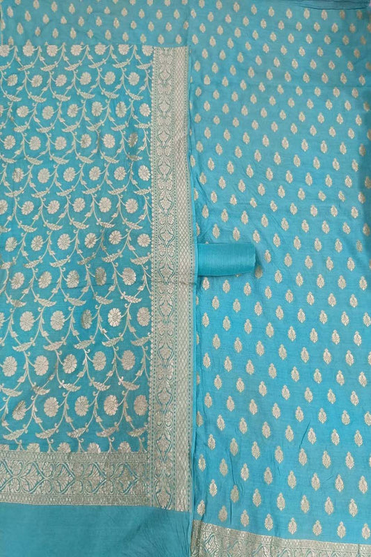 Elegant Blue Banarasi Moonga Silk Three Piece Suit Set - Luxurion World