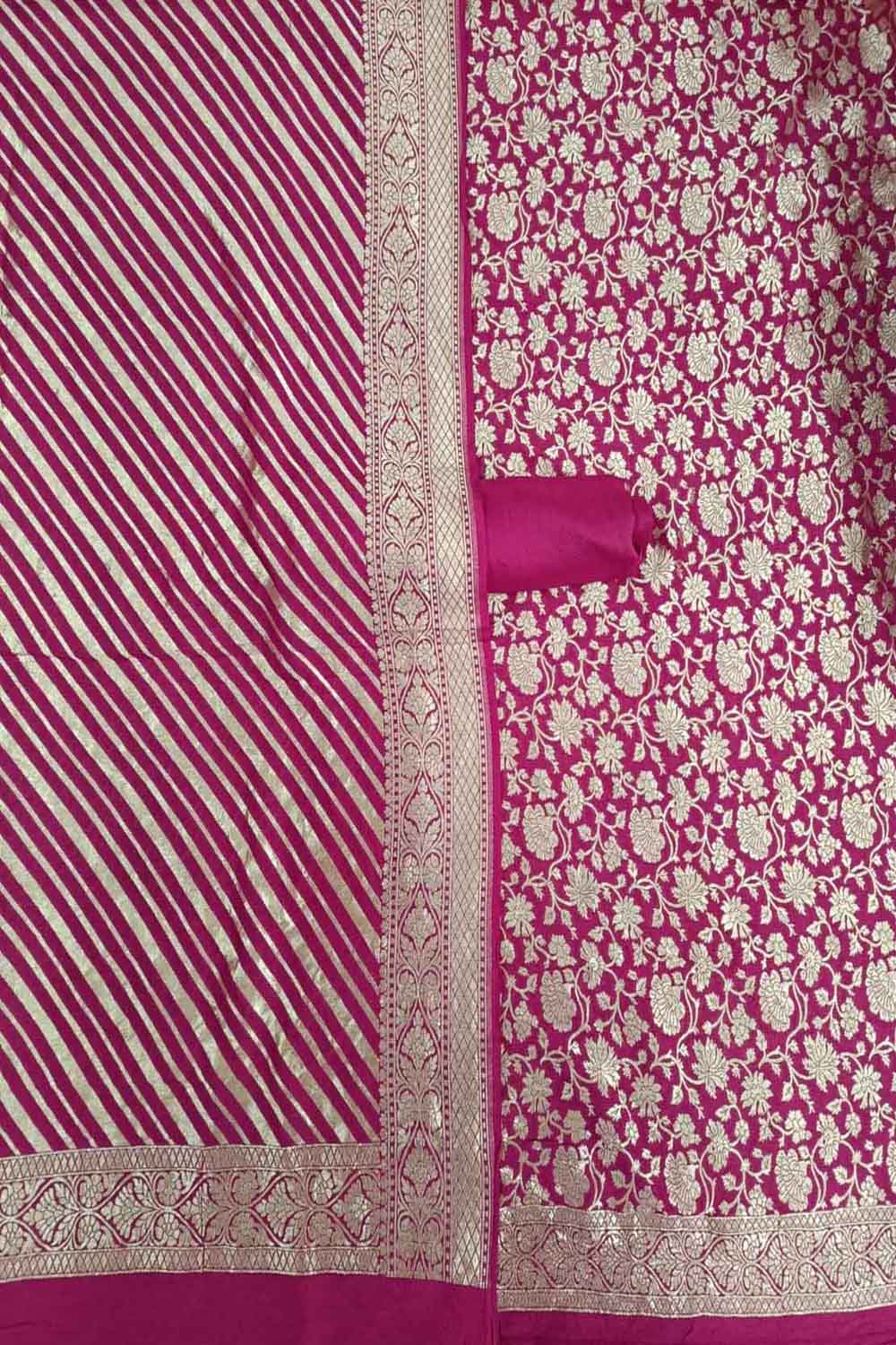 Pink Banarasi Pure Georgette Three Piece Unstitched Suit Set: Elegant and Timeless Ethnic Wear - Luxurion World