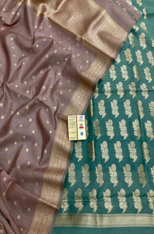 Brown And Green Banarasi Moonga Silk Three Piece Unstitched Suit Set - Luxurion World