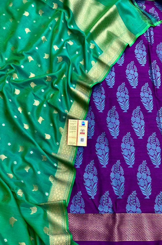 Green And Purple Banarasi Moonga Silk Three Piece Unstitched Suit Set - Luxurion World