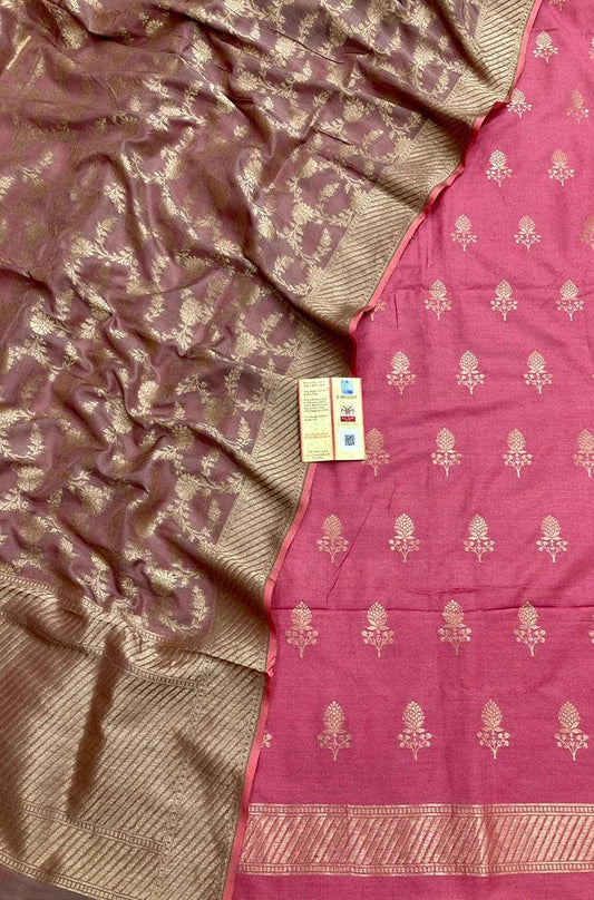 Pink Banarasi Moonga Silk Three Piece Unstitched Suit Set - Luxurion World