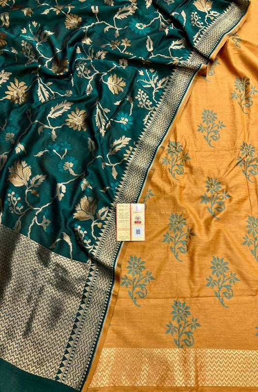 Yellow Banarasi Moonga Silk Three Piece Unstitched Suit Set - Luxurion World