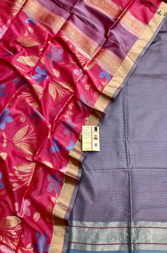 Blue And Red Banarasi Moonga Silk Three Piece Unstitched Suit Set