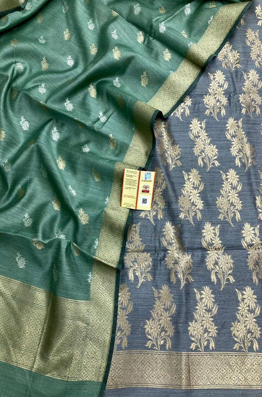Grey And Green Banarasi Moonga Silk Three Piece Unstitched Suit Set - Luxurion World