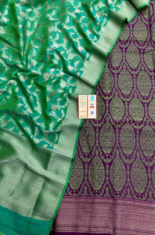 Green And Purple Banarasi Moonga Silk Three Piece Unstitched Suit Set - Luxurion World