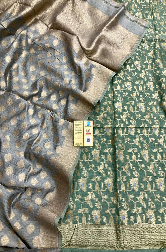 Grey And Green Banarasi Moonga Silk Three Piece Unstitched Suit Set - Luxurion World