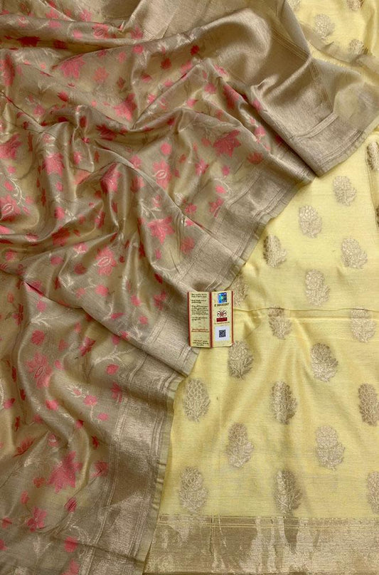 Yellow Banarasi Moonga Silk Three Piece Unstitched Suit Set - Luxurion World
