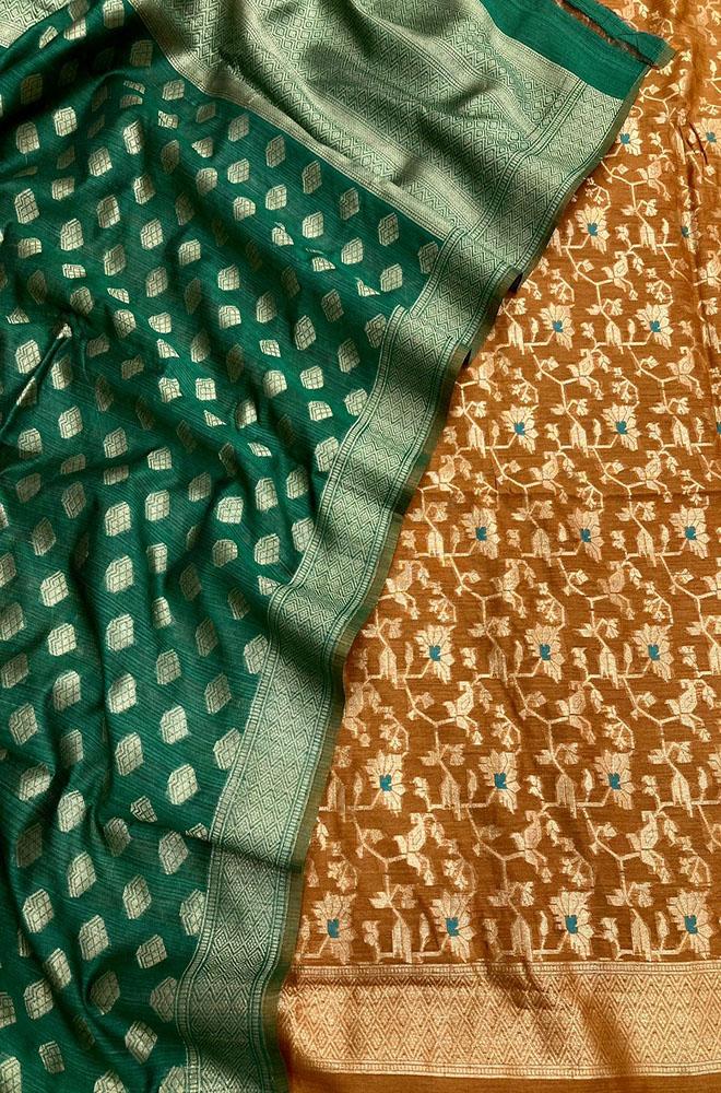 Yellow And Green Banarasi Moonga Silk Three Piece Unstitched Suit Set - Luxurion World
