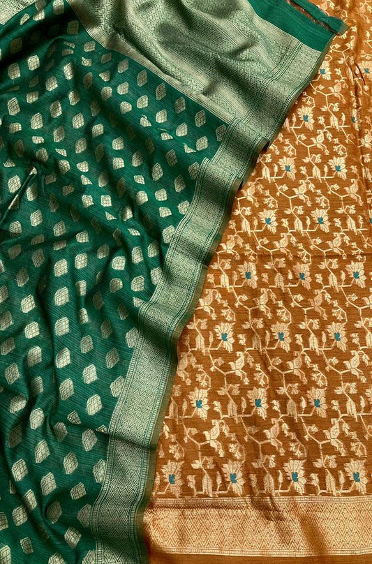 Yellow And Green Banarasi Moonga Silk Three Piece Unstitched Suit Set - Luxurion World