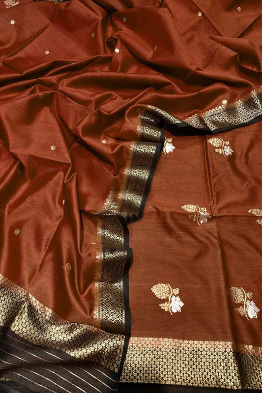 Brown Banarasi Handloom Pure Chiniya Silk Kadwa Weaved Suit - Luxurion World