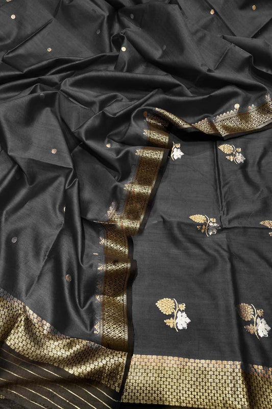 Black Banarasi Handloom Pure Chiniya Silk Kadwa Weaved Suit - Luxurion World