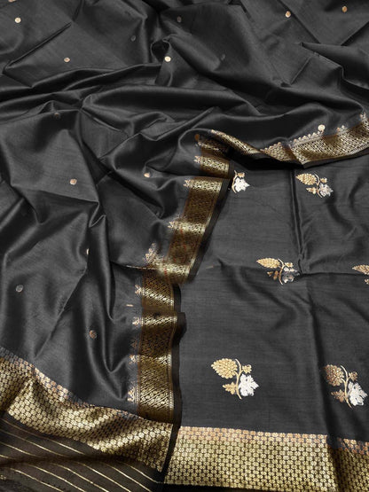 Black Banarasi Handloom Pure Chiniya Silk Kadwa Weaved Suit