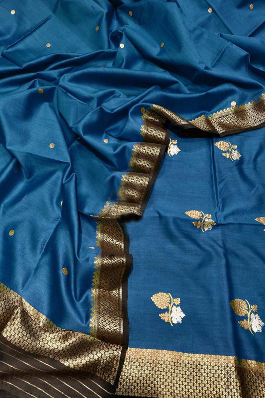 Blue Banarasi Handloom Pure Chiniya Silk Kadwa Weaved Suit - Luxurion World