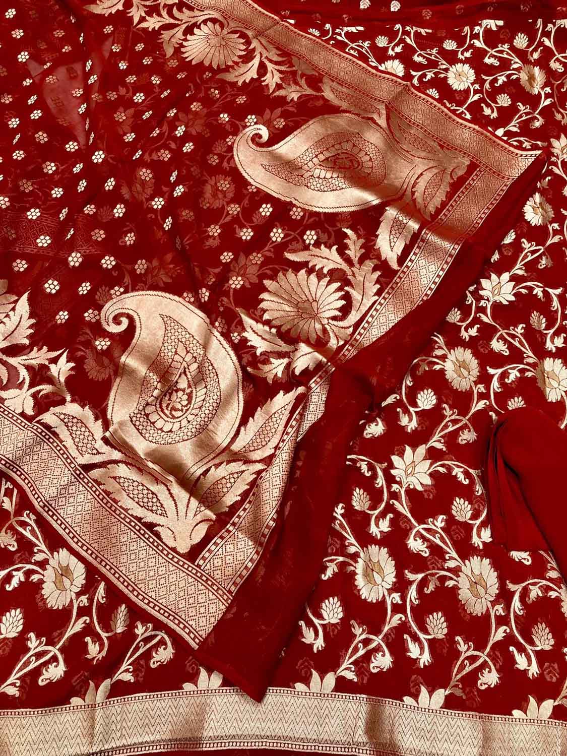Red Banarasi Handloom Pure Georgette Unstitched Suit - Luxurion World