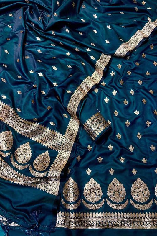 Blue Banarasi Satin Silk Unstitched Suit Set: Elegant and Luxurious Ethnic Attire - Luxurion World