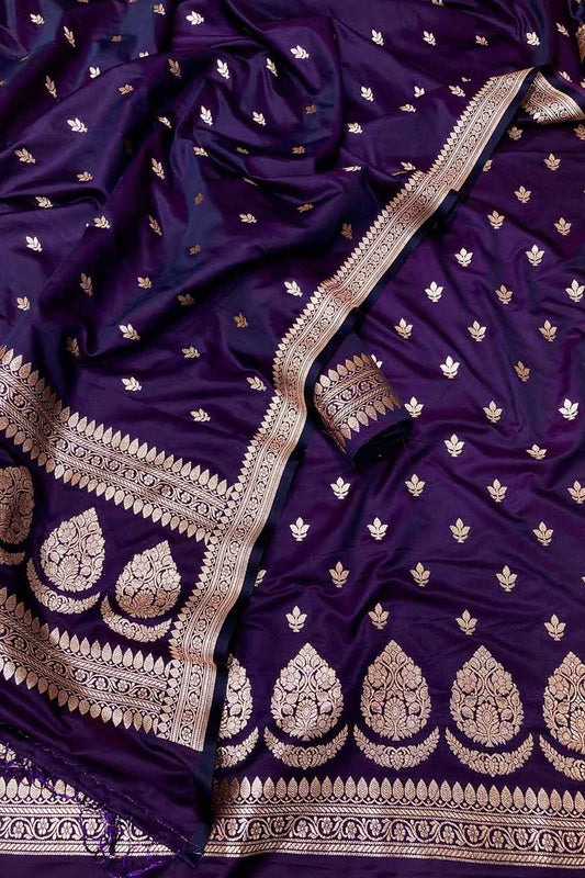 Elegant Purple Banarasi Satin Silk Unstitched Suit Set