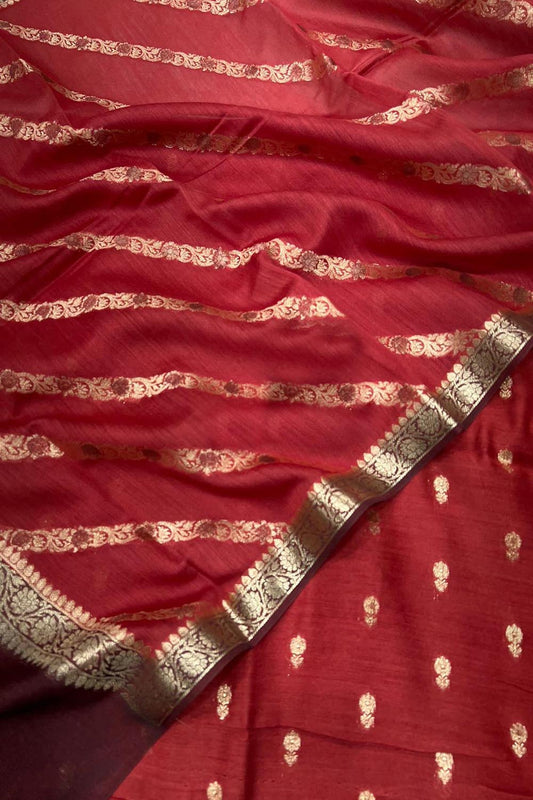 Timeless Luxury: Elegant Red Banarasi Pure Moonga Silk Three Piece Unstitched Suit Set - Luxurion World