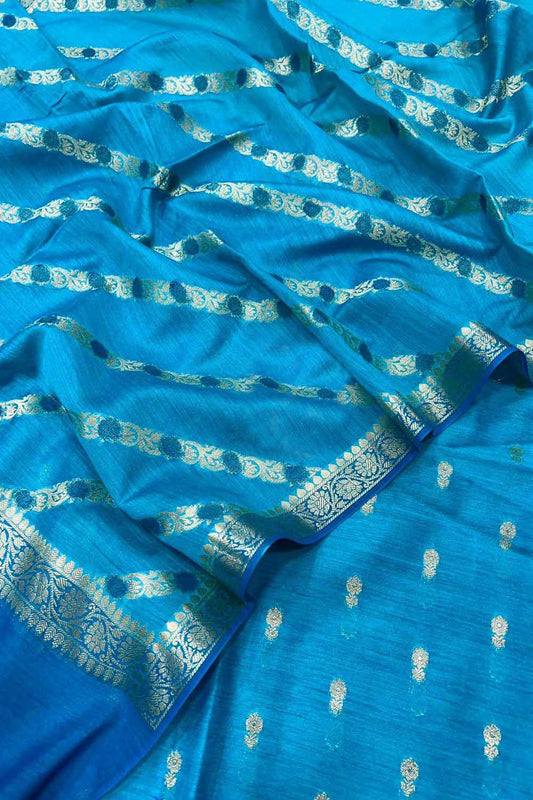 Luxurious Blue Banarasi Moonga Silk Three Piece Suit Set: Perfect for Any Occasion - Luxurion World