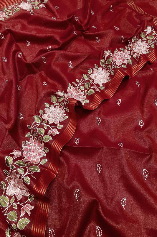 Elegant Red Banarasi Tissue Linen Unstitched Suit: A Timeless Classic - Luxurion World