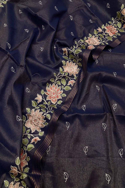 Exquisite Blue Banarasi Tissue Linen Unstitched Suit: Timeless Elegance