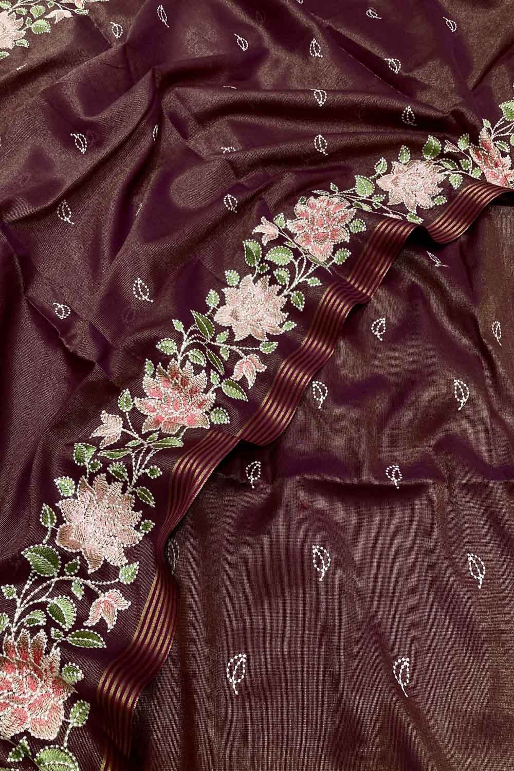 Elegant Maroon Banarasi Tissue Linen Unstitched Suit - Luxurion World
