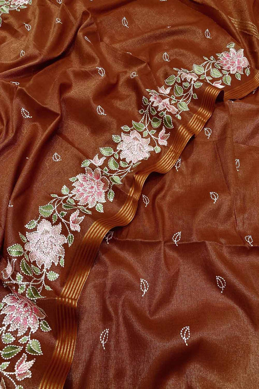 Elegant Brown Banarasi Tissue Linen Unstitched Suit