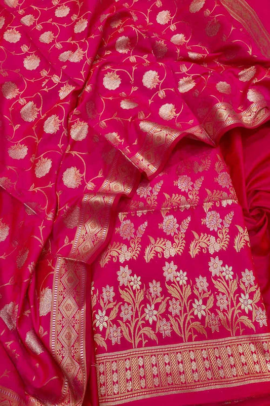 Elegant Pink Banarasi Silk Three Piece Unstitched Suit Set: A Timeless Classic
