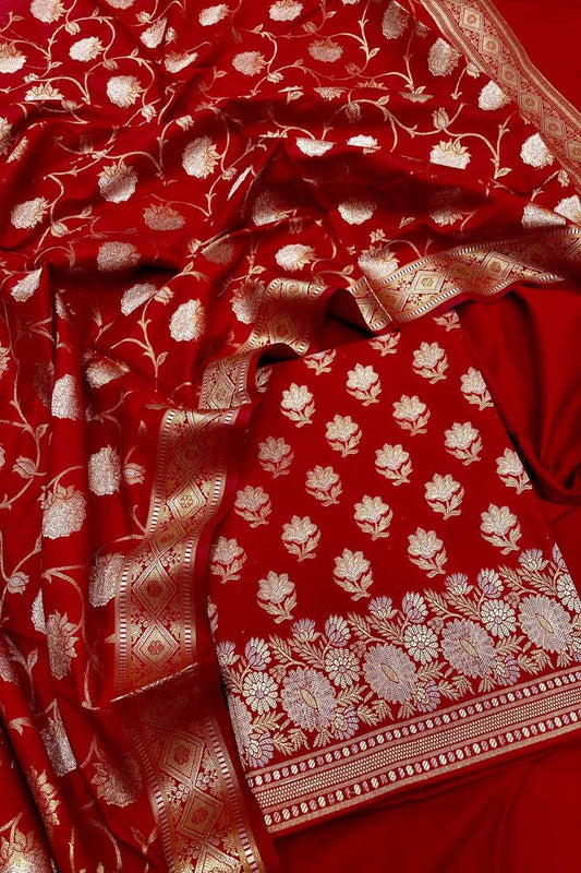 Elegant Red Banarasi Silk Three Piece Unstitched Suit Set: A Timeless Classic - Luxurion World