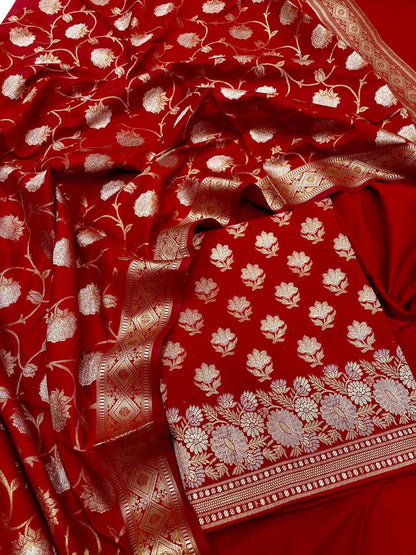 Elegant Red Banarasi Silk Three Piece Unstitched Suit Set: A Timeless Classic - Luxurion World