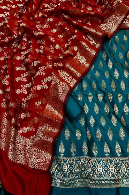 Stunning Blue and Red Banarasi Silk Three Piece Unstitched Suit Set: A Perfect Blend of Elegance and Tradition - Luxurion World