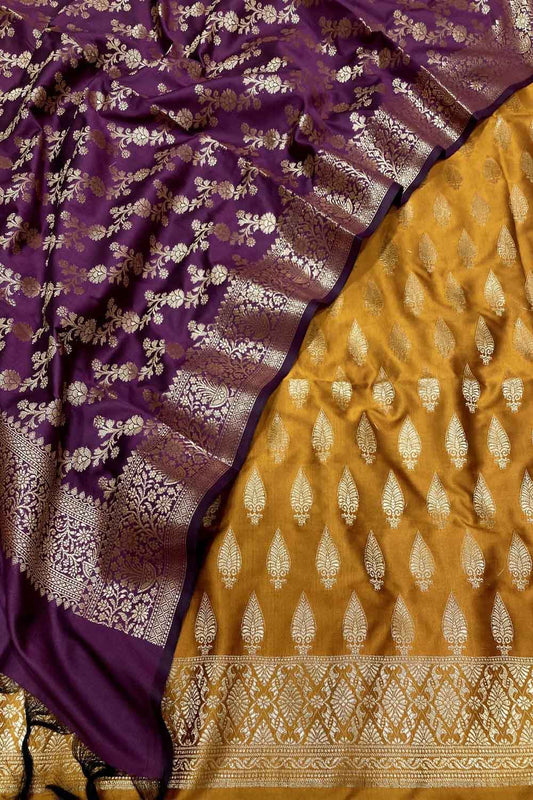 Vibrant Yellow & Purple Banarasi Silk Three Piece Unstitched Suit Set: A Perfect Fusion of Elegance and Style - Luxurion World