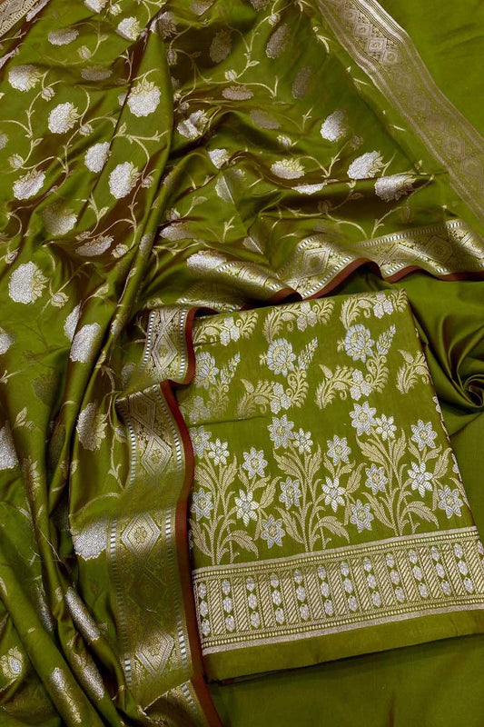 Elegant Green Banarasi Silk Three Piece Unstitched Suit Set: Timeless Beauty for Every Occasion